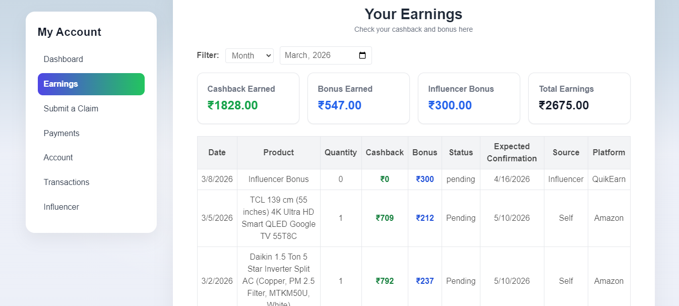 Cashback tracking